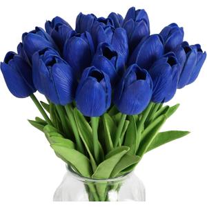 IPOPU 24 PCS Royal Blue Flowers Tulips Artificial Flowers Real Touch Blue Tulips Faux Flowers for Home Table Decor Wedding Bouquet Party Baby Shower Centerpieces Bridal Bouquet Decor (Blue)