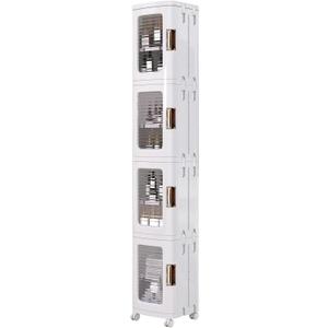 VECELO 4-Tier Plastic Tall Narrow Storage Cabinet with Movable Wheels, Adjustable Shelves, Magnetic Doors, Slim Bathroom Organizers and Storage for Small Space, Bathroom, Kitchen, Laundry, White (9.6 x 11.2 x 65.4 In(LxWxH))