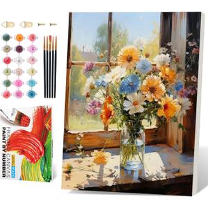 PRASIO Framed Paint by Numbers Kit for Adults Beginner, Flowers Adult Paint by Number Kits on Canvas Framed, DIY Acrylic Watercolor Oil Paint by Numbers with Frame for Gift Home Decor 16x20 Inch (XM-OP-F-WindowYellowFlower-4050)