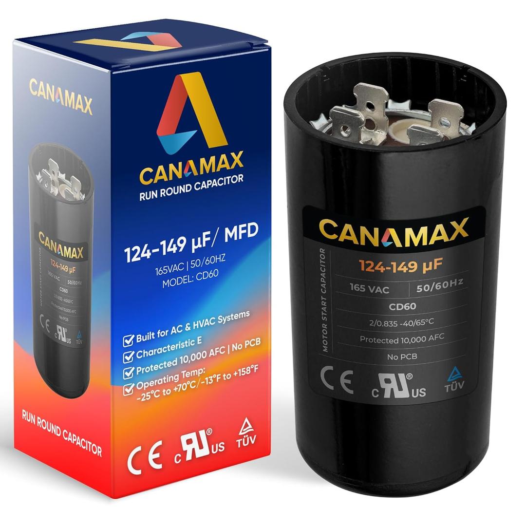 124-149 uf 124/149 MFD 165V 20% CD60 50/60 Hz AC Electric Motor Round Run Start Capacitor by Canamax - Compatible with AC Motor Run or Fan Start and Cool or Heat Pump Air Conditioner