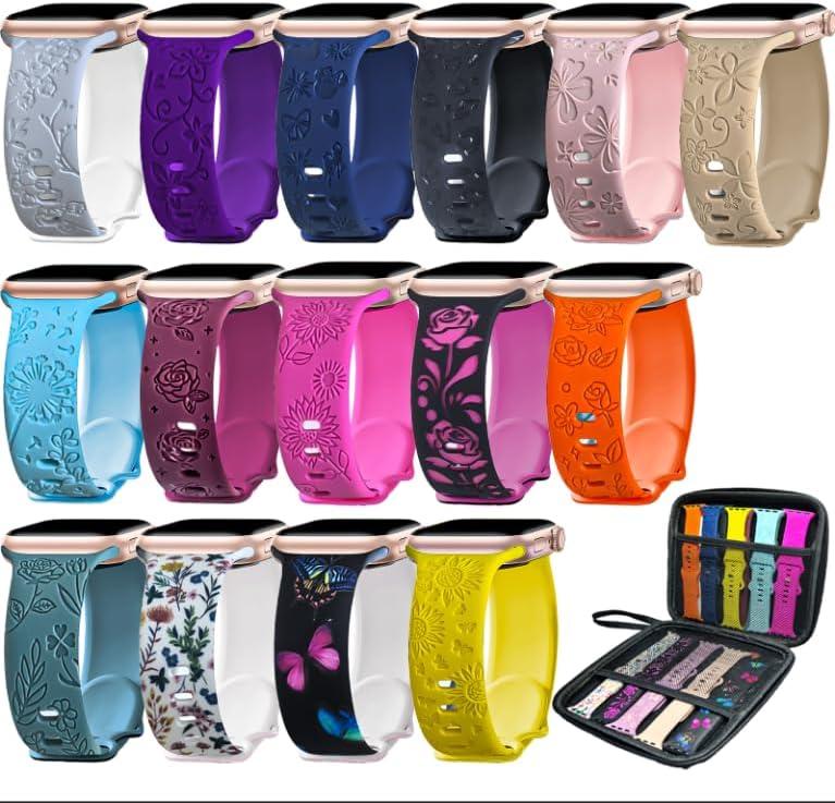 15 Pack Band Compatible with Apple Watch Bands 44mm 45mm 46mm 42mm 41mm 40mm 38mm 49mm for Women Men, Floral Engraved Band and Organizer for Watch Ultra Series 11 10 9 8 7 6 5 4 3 2 SE/SE 2nd/SE 3nd