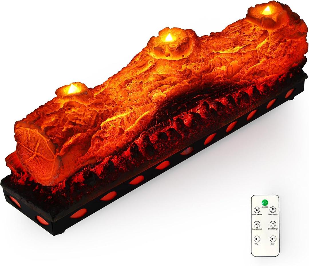 Electric Fireplace Logs Realistic Flame Effect with Candle LED Flame Light USB Powered 16 Inches Electric Fireplace Insert Log Home Decoration Remote Control
