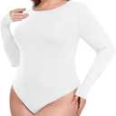 COOTRY Plus Size Crew Neck Bodysuits for Women Long Sleeve Body Suit Basic Slim Fit Bodysuit Leotard Tops (4X-Large, White)