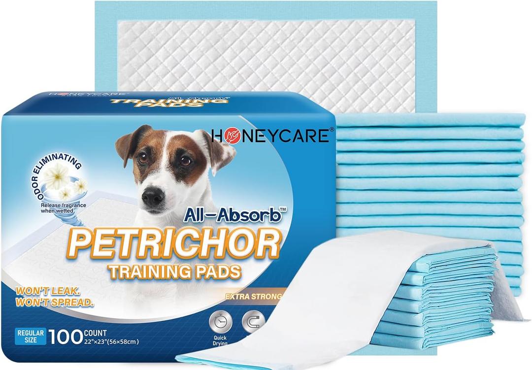 HONEY CARE All-Absorb, Large 22" x 23", 100 Count, Dog and Puppy Training Pads, Ultra Absorbent and Odor Eliminating, Leak-Proof 5-Layer Potty Training Pads with Quick-Dry Surface, Blue, A01