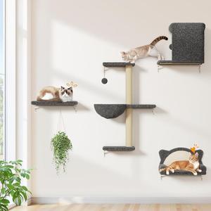 5in1 Cat Wall Shelves, Solid Wood & Velvet & Sisal Scratcher, 44lbs Max Load, Wall Mounted Cat Furniture for Climbers, Cat Climbing Wall System, Fits Drywall & Solid Walls  Dark Gray