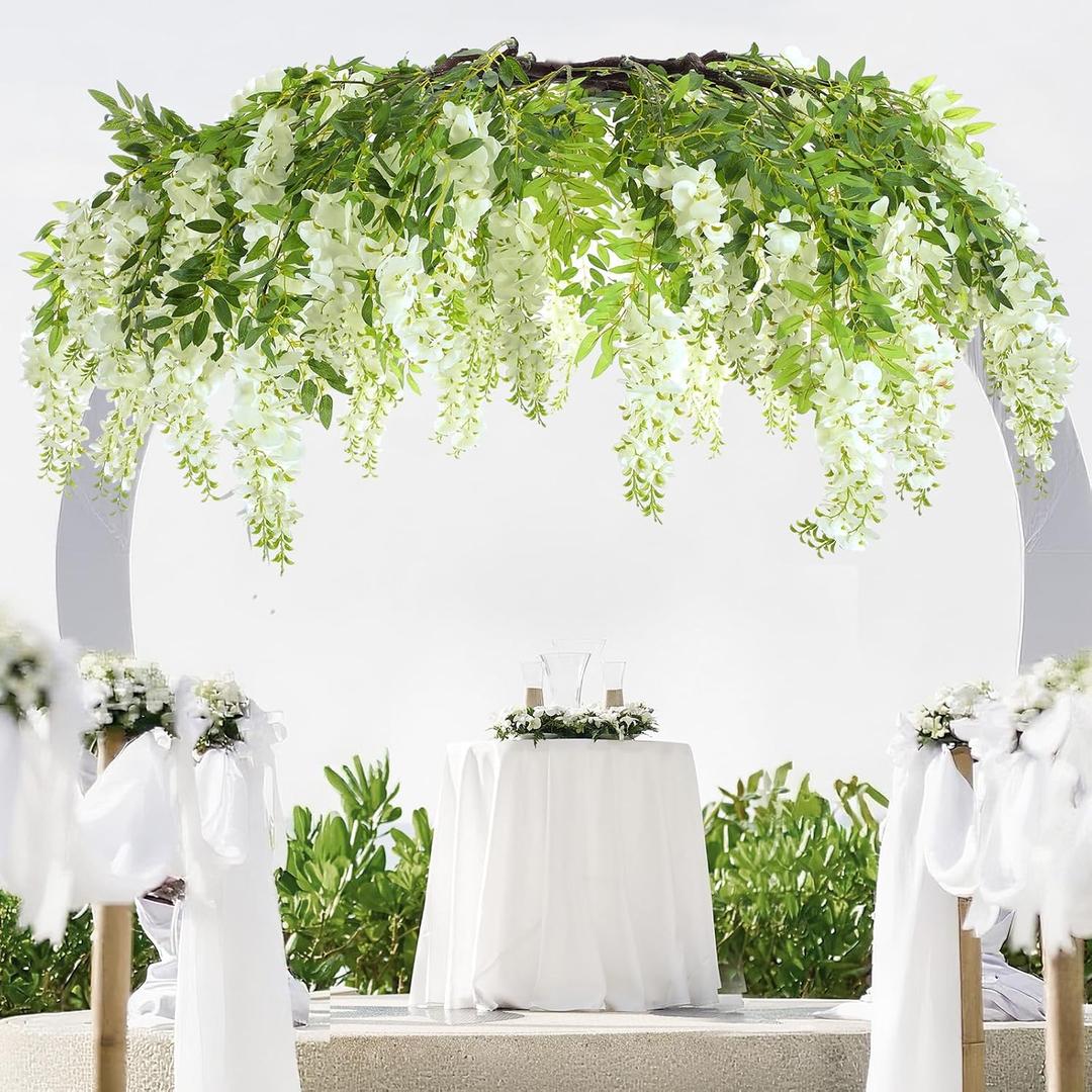 Giegxin 1 Pack 55" Cream Artificial Silk Wisteria Vine Round Hanging Canopy Draping Garland Flower Chandelier with Interchangeable Branches Wisteria Hanging Flowers for Wedding Party Decoration Supply