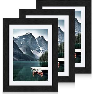 5x7 Black Picture Frames set of 3, Made of Wooden and Glass Photo frame - Displays Picture 4x6 with Mat or 5 x 7 without Mat, Desktop & Wall Collage Frame set