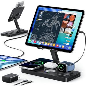 5 in 1 Charging Station for Apple Multiple Devices &65W Adapter, 30W Max Bulit-in Retractable Cable Fast Wired Charging Stand for iPad/Tab, Foldable Magnetic Wireless Charger for iPhone 17/iWatch/Buds