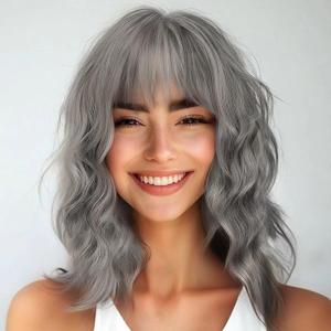 Short Curly Wigs with Bangs for Women 14 Inches Wavy Bob Wig Synthetic Heat Resistant Fiber Wigs (R10A)