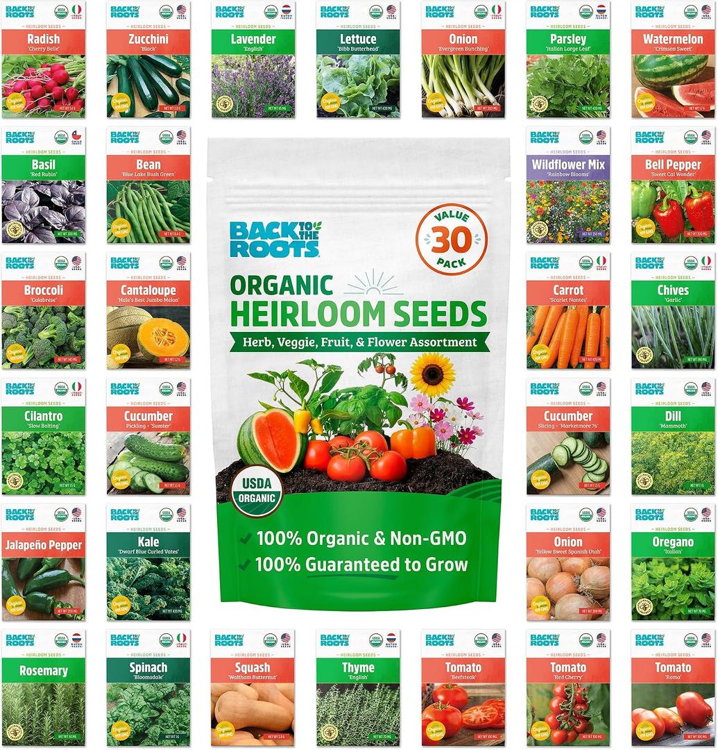 Back to the Roots Heirloom Organic, Non-GMO & USA Grown Seeds, 30ct Herb, Fruit, Flowers, and Veggies (EXP 09/30/26)