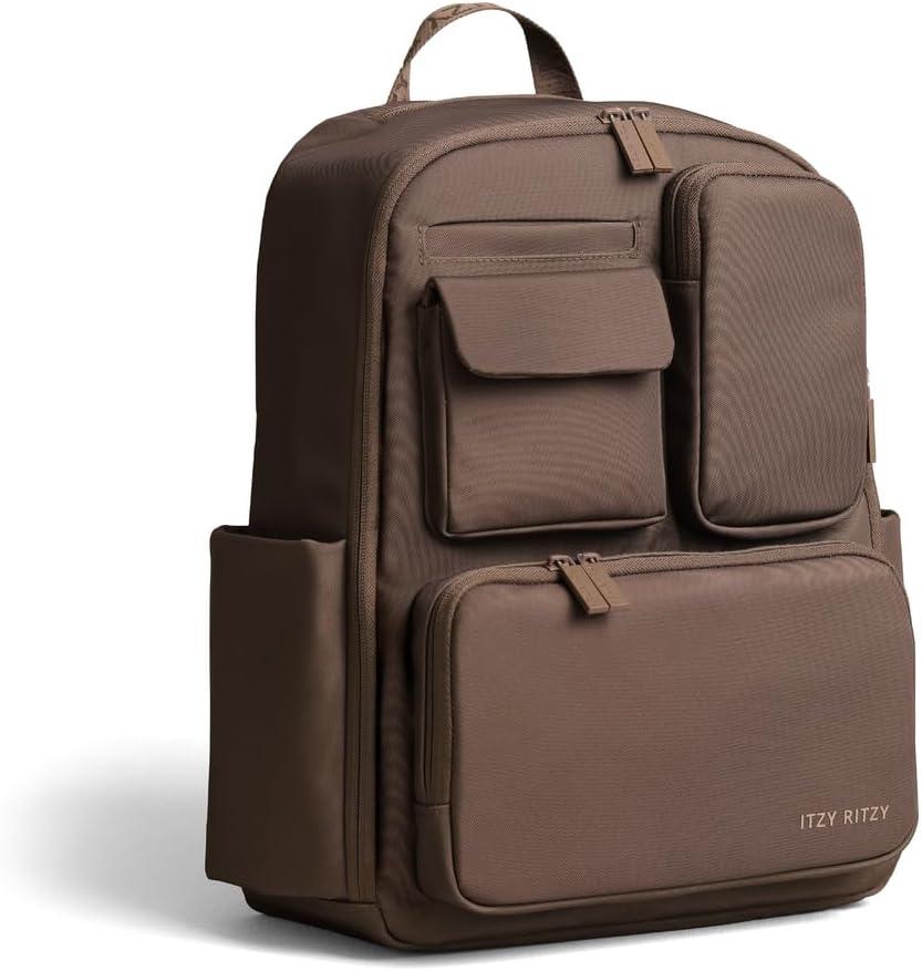 Itzy Ritzy Utility Diaper Bag Backpack Features 17 Pockets (Including 2 Insulated Bottle Holders) & Trolley Sleeve and Includes Stroller Straps & Changing Pad Part of the Belong Collection (Mocha), Large