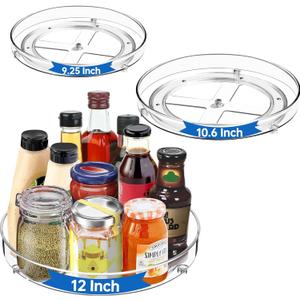 3 Pack Lazy Susan, 9.25 + 10.612 Inch Clear Turntable Organizer, Acrylic Rotating Spice Rack for Kitchen Cabinet, Pantry, Refrigerator, Vanity Bathroom Countertop Storage