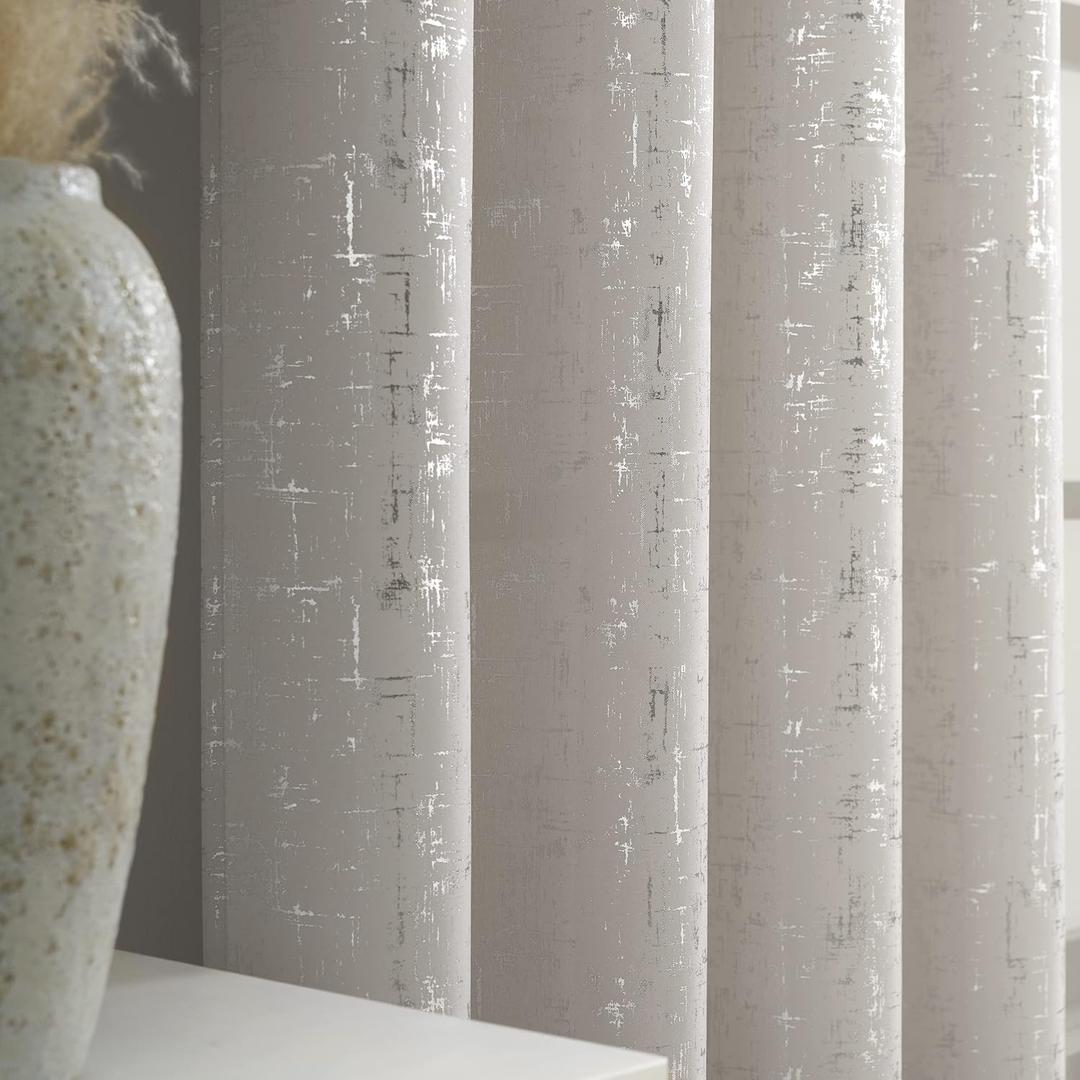 Taisier Home Silver Foil Print Linen Textured Curtains Geometric Dots Pattern Design Curtains for Nursery Toy Room Thermal Insulated Window Treatment 2 Panels 54" L,Beige and Silver Drapes Print