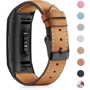 Leather Band Compatible for Fitbit Charge 3/ Charge 4, Replacement Genuine Leather Bands for Women Men (01.Graphite Connector & Frosted Brown)