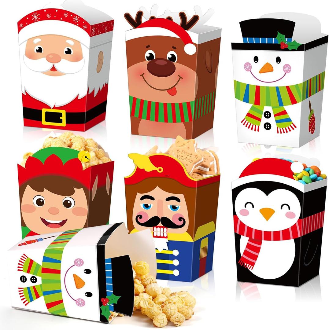 Zhanmai 60 Pcs Christmas Popcorn Boxes Christmas Treat Candy Boxes Xmas Reindeer Snowman Santa Claus Elf Paper Party Favor for Xmas Popcorn Cookie Goodie Gift Supplies Decor, 6 Designs