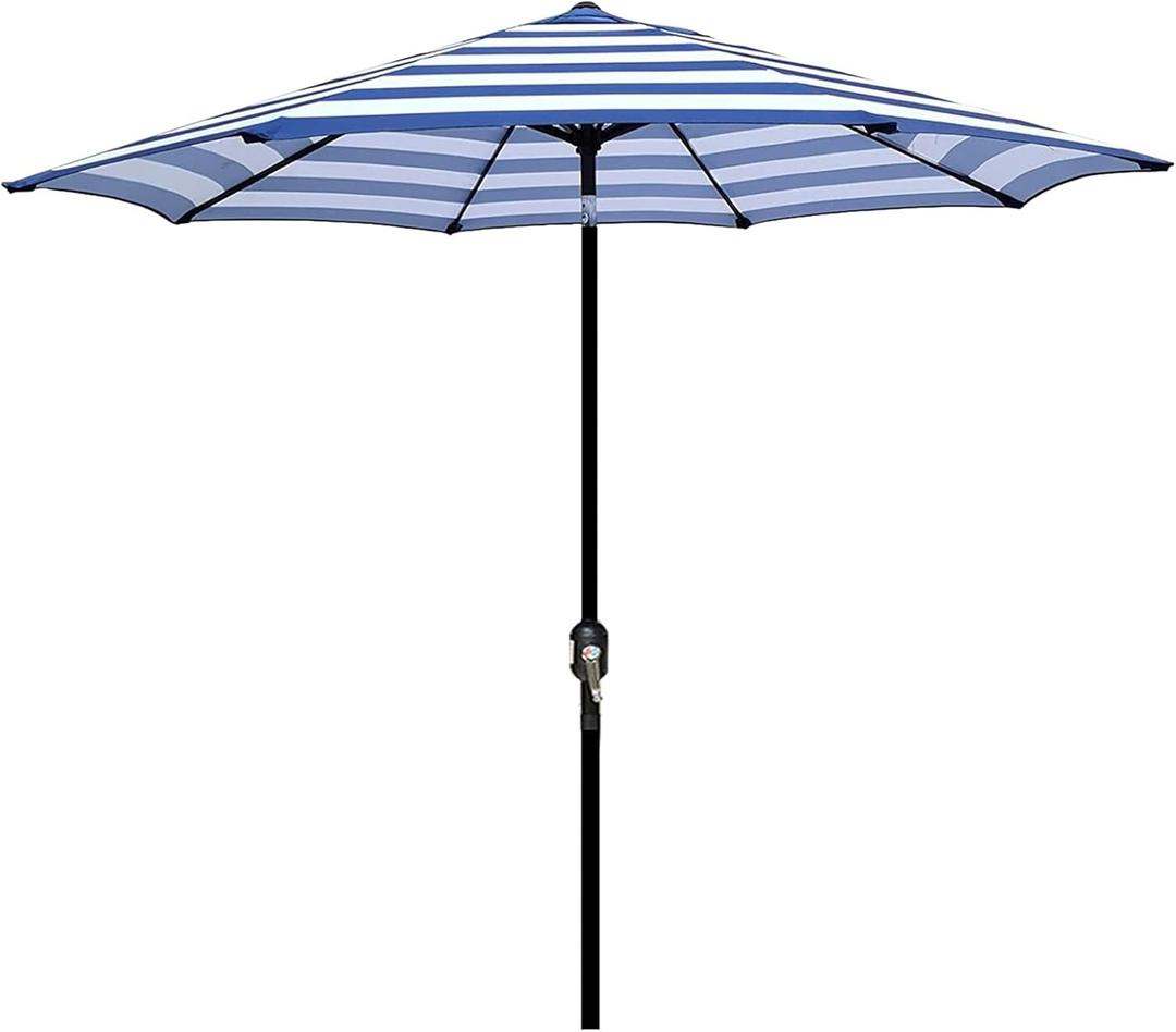 Blissun 9' Outdoor Patio Umbrella, Outdoor Table Umbrella, Yard Umbrella, Market Umbrella with 8 Sturdy Ribs, Push Button Tilt and Crank (Blue & White Stripe)