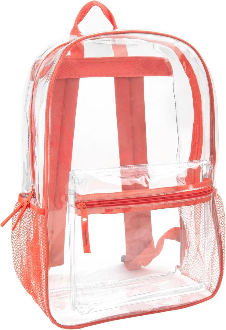 Trail maker Clear Backpack Heavy Duty with Padded Straps, Side Pockets for Kids, Boys, Girls, School, Stadium Approved Events (Coral)