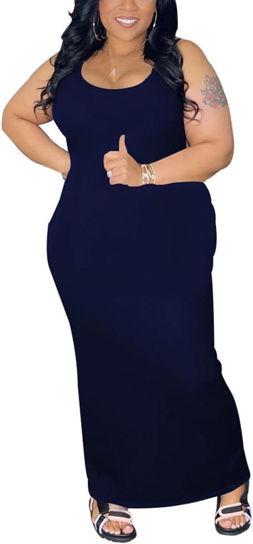 YeGine Women Plus Size Sleeveless Bodycon Maxi Dresses Sexy Slim Tank Dresses (4XL-navy Blue)