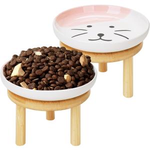 Shallow Elevated Cat Bowls with Bamboo Stand, 5.9 Inch Wide Ceramic Cat Dish Whisker Friendly, 2 Pack Pet Food and Water Plates