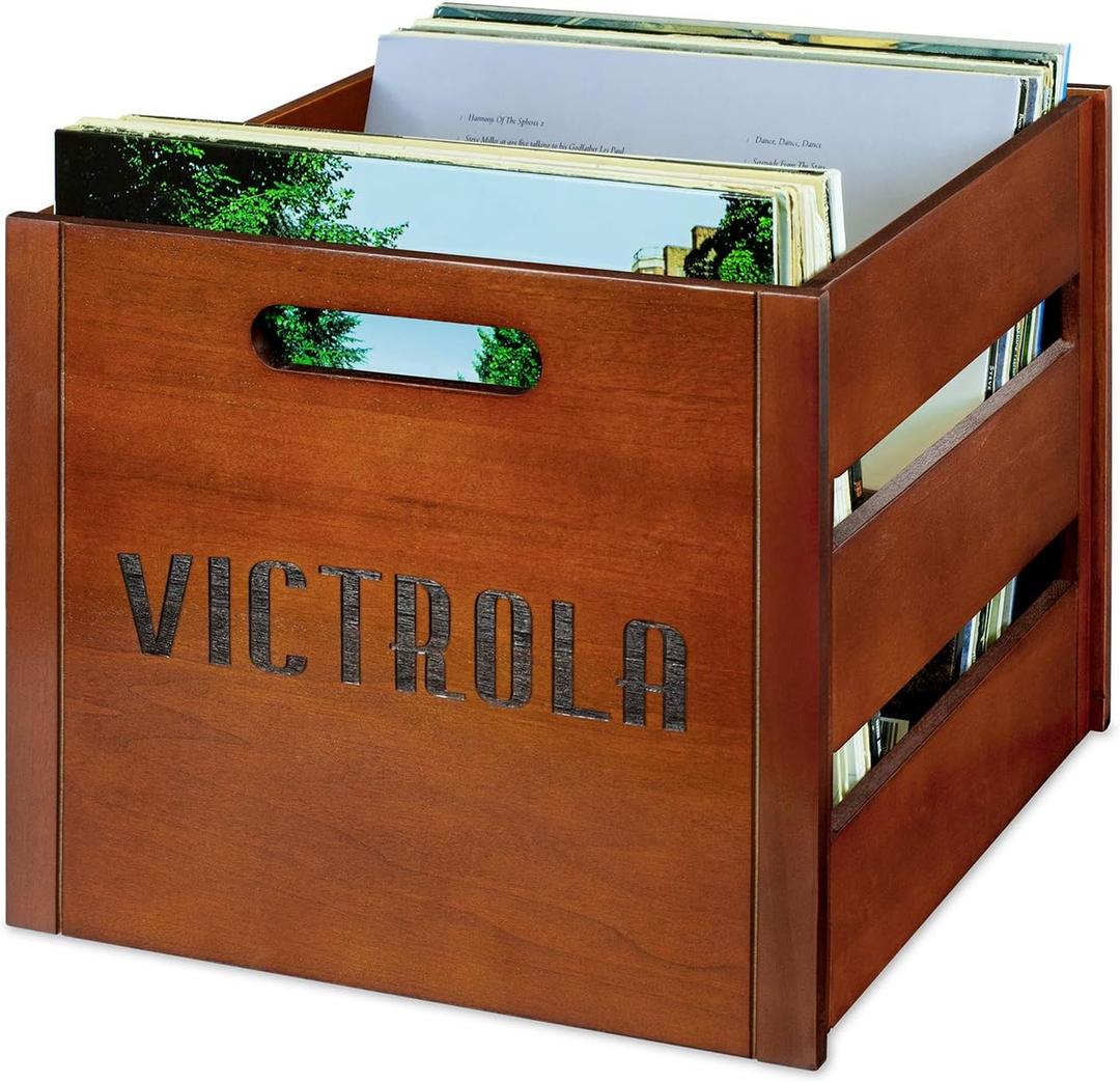 Victrola Wooden Record Crate  Tabletop Vinyl Album Holder, No-Tool Assembly, Holds Over 50 Records, Real Wood Construction, Elegant Design (Wood) (Mahogany)