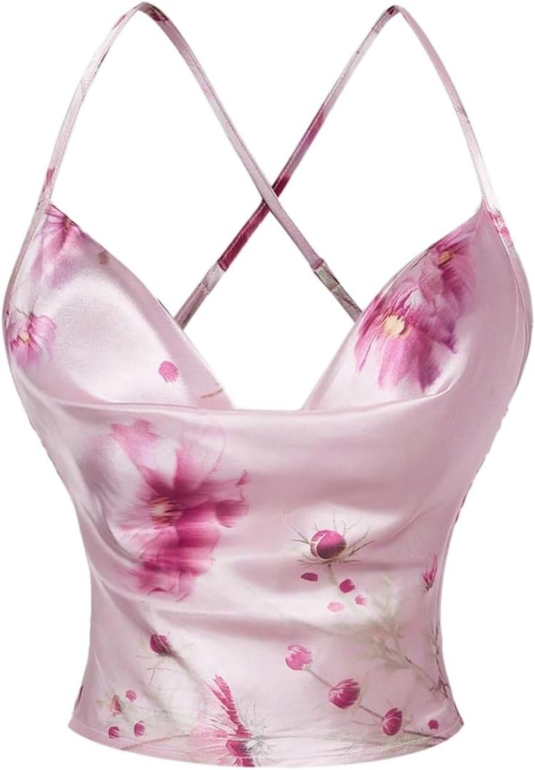 RoseSeek Women's Floral Cowl Neck Draped Crop Cami Tank Top Crisscross Backless Shirred Satin Camisole Tops (S)