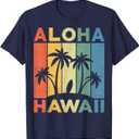 Aloha Hawaii Hawaiian Island Shirt Palm Beach Surfboard Surf T-Shirt (Small, Navy)