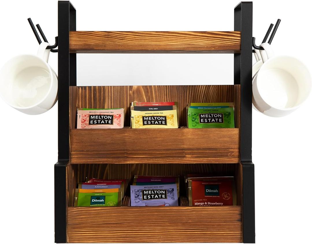 Rustic Brown Wooden Countertop Teabag Teacup Storage Stand 3 Tier Tea Sachet Coffee Pod 4 Hanging Hooks Mug Cup Top Shelf Black Matte Metal Frame Kitchen Bar Office Break Room Home Drinks