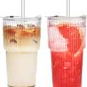 ALINK 20 oz Ribbed Glass Tumbler with Lids and Straws, Ripple Iced Coffee Cups, Thickened Drinking Glasses for Coffee, Smoothies, Cocktail, Juice, Cold Drinks, Pack of 2 - Clear