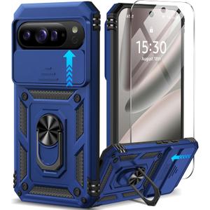 Taisairu for Google Pixel 10 Pro XL Case with Screen Protector & Slide Camera Lens Cover,Built-in 360Rotate Magnetic Ring Stand Shockproof Protective Phone Case for Pixel 10 Pro XL Case (Blue)