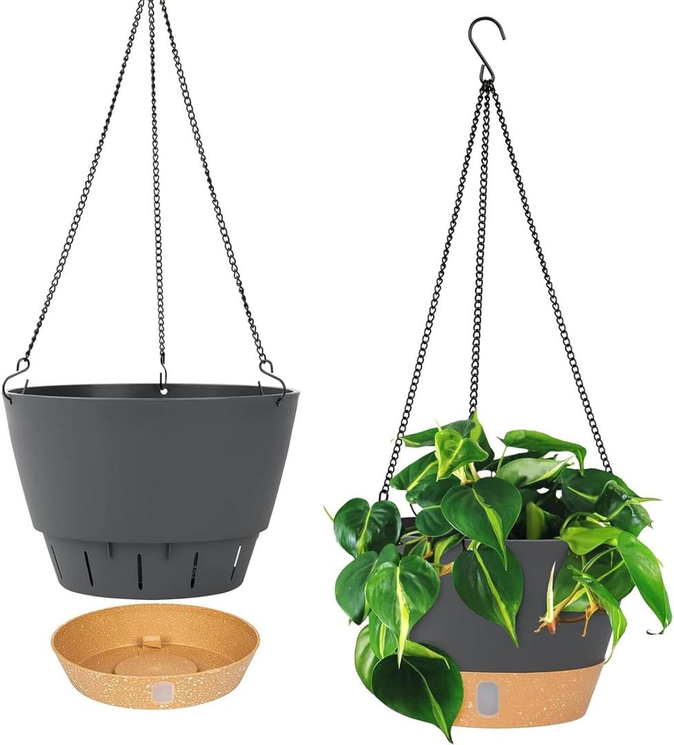 QCQHDU 8 inch Hanging Planters for Indoor Plants, 2 Pack Self Watering Pots with Drainage Holes & Removable Tray, Outdoor Hanging Baskets (Dark Grey)