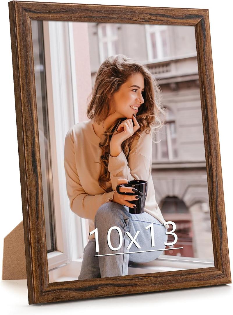 10x13 Wood Frame Brown, Natural Wooden 13x10in Picture Frames, Modern Golden 10 x 13inch Gallery Photo Pic Frame with HD Plexiglass, Horizontal Vertical Wall Mounting Tabletop Display 1Pc