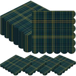 Gersoniel 50 Pcs Blue and Green Tartan Plaid Bear Baby Shower Napkins Bulk Vintage Scalloped Edges Baby Shower Disposable Paper Napkins for Neutral Gender Reveal Birthday Wedding Party Supplies