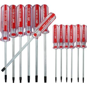 13 Pc Security Torx Screwdriver Set with Magnetic Tip, T4 T5 T6 T7 T8 T9 T10 T15 T20 T25 T27 T30 T40 Cr-V Steel Screwdriver with Red Insulated PVC Handle for Repairing and DIY