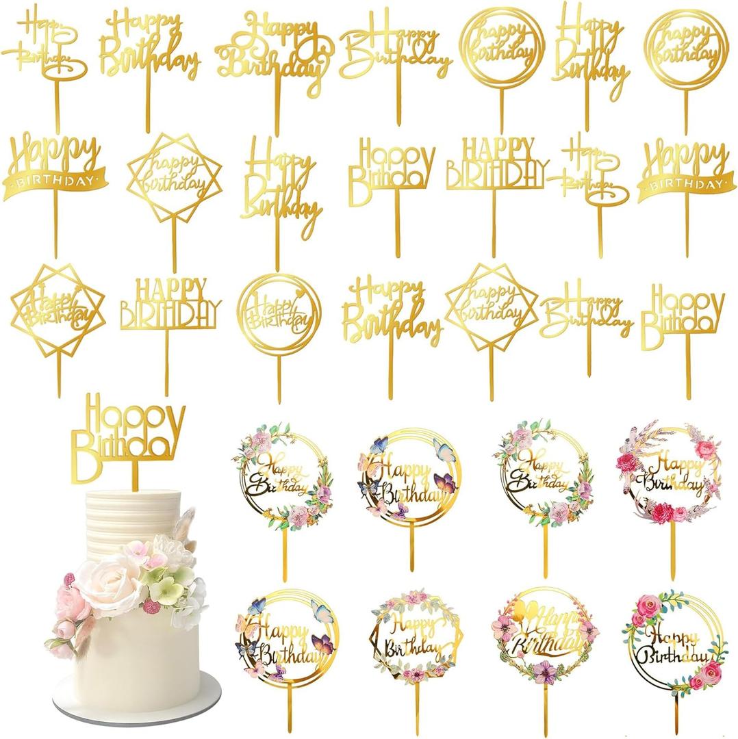 32 PCS Gold Happy Birthday Cake Toppers Flower Acrylic Birthday Cake Topper Cake Pick Decorations (Gold)