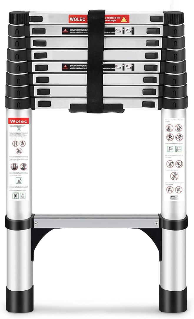 Telescoping Ladder, 8.5FT Aluminum Lightweight Portable Telescopic Ladder, Stabilizers & Wheels, Heavy Duty 330lbs Max Capacity,Extension Ladder for Roofs, RVs, Outdoor-Sliver (8.5 FT, Silver)