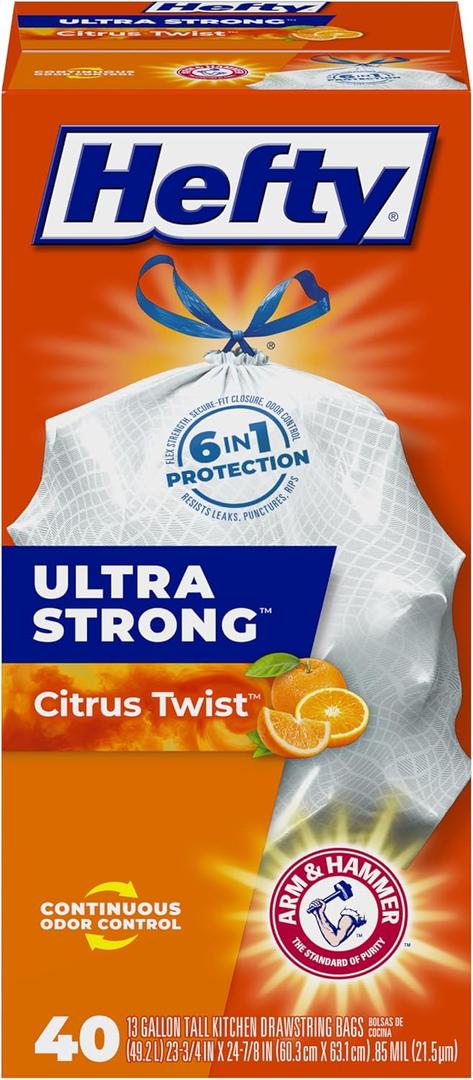 Hefty Ultra Strong Tall Kitchen Trash Bags, Citrus Twist Scent, 13 Gallon, 40 Count