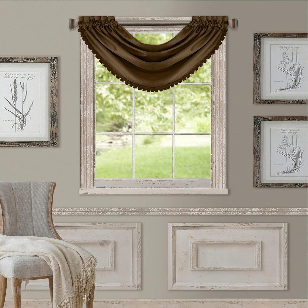 Elrene All Seasons Room-Darkening Waterfall Window Valance, Accessory for Bedroom or Living Room Windows with Rod Pocket Tabs, 52" x 36", Chocolate Brown, 1 Valance
