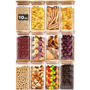 Glass Food Storage Jars Square 10oz, 12 Pack Glass Jars With Bamboo Lids, Kitchen Storage Containers For Spice, Candy, Cookie, Storage For Pantry Organizers