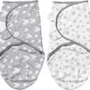 Biloban Baby Swaddles 0-3 Months for Boy Girls, Newborn, Organic Cotton Adjustable Blanket, Lovely Grey Print, 2 Pack