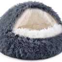 NOYAL Round Hooded Donut Dog Bed for Small & Medium Pets - Plush Fluffy Anti-Anxiety Cat Cave Bed with Cover (Medium 23.6'', Dark grey)