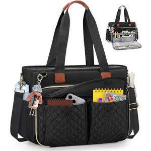 RAINSMORE Teacher Tote Bag for Women Work Bags 15.6 Inch Laptop Tote Bag with Large Cup Holder Nurse Bag Computer Handbag (Black)