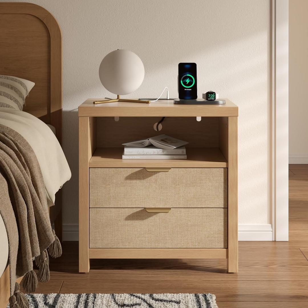 Furnulem Nightstand with Charging Station, Accent Night Stand with 2 Drawers and Storage Shelf, Slide Drawer Bedside Table for Bedroom, Natural Oak Thick Wood and Sturdy