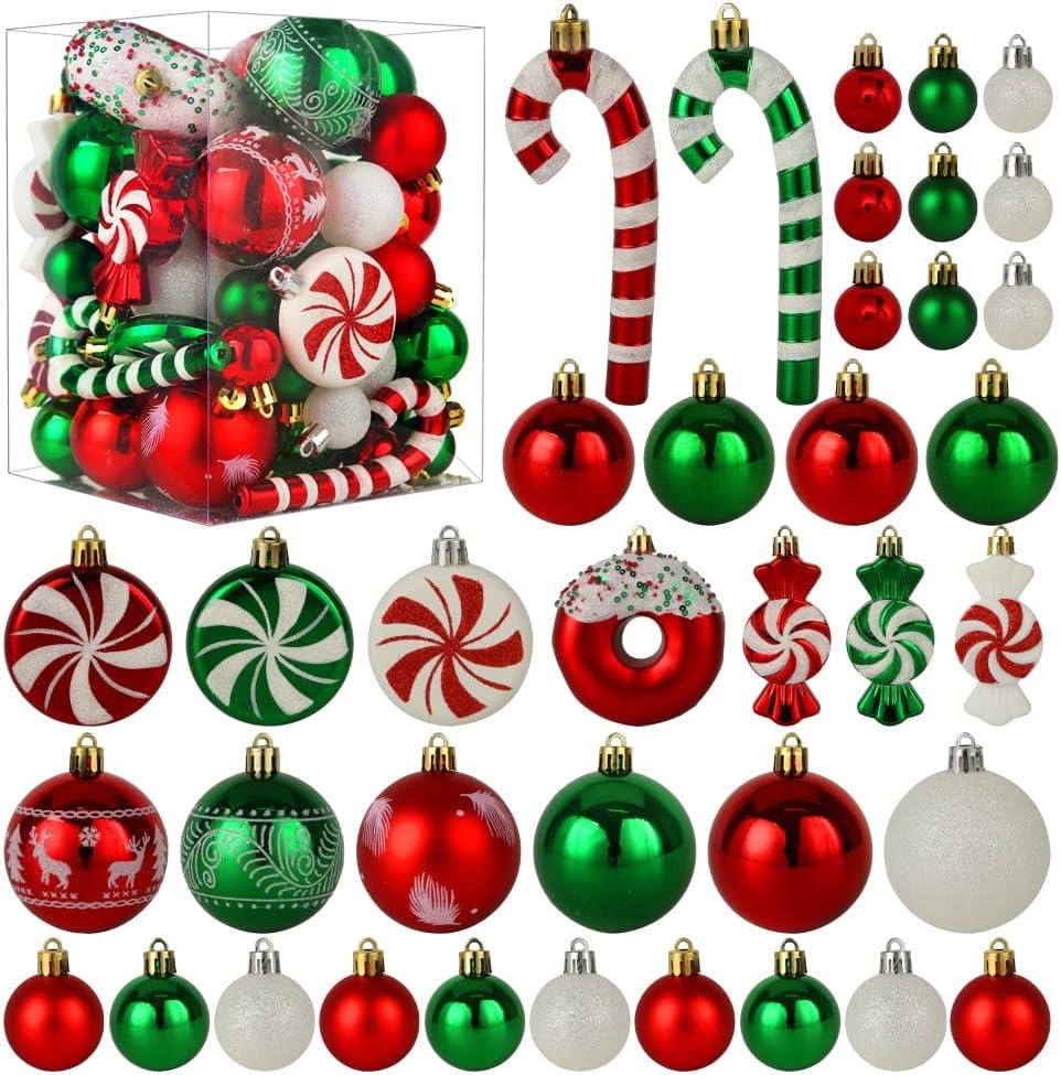 Christmas Tree Ornaments, Green Red White Christmas Ball Ornaments Set of 60 Pack Shatterproof Plastic Xmas Decorations for Home Party Tree