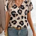 SweatyRocks Women's V Neck Leopard Print Tops Casual Short Sleeve T Shirts Fall Outfits (XL)