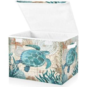 Senya Large Storage Bins with Linen Collapsible Foldable Storage Cubes Fabric Closet Organizer Containers box with Flip-Top Lid for Home Bedroom Office 16.7 x 12.6 x 11.8in (Sea Turtle)