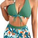 Herseas Women's Bikini Sets 2 Piece Tropical Print Swimsuit Halter Top & Boy Short Bathing Suit (Pink, XS)