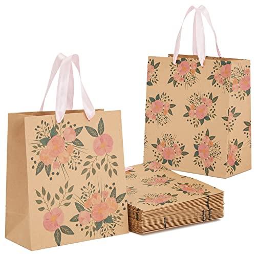 Juvale 24 Pack Kraft Paper Floral Gift Bags with Pink Ribbon Handles - 2 Designs, For Themed Party Favors, Mother's Day, Weddings, Birthdays - 8x4x9 Inches Gift Bags With Handles