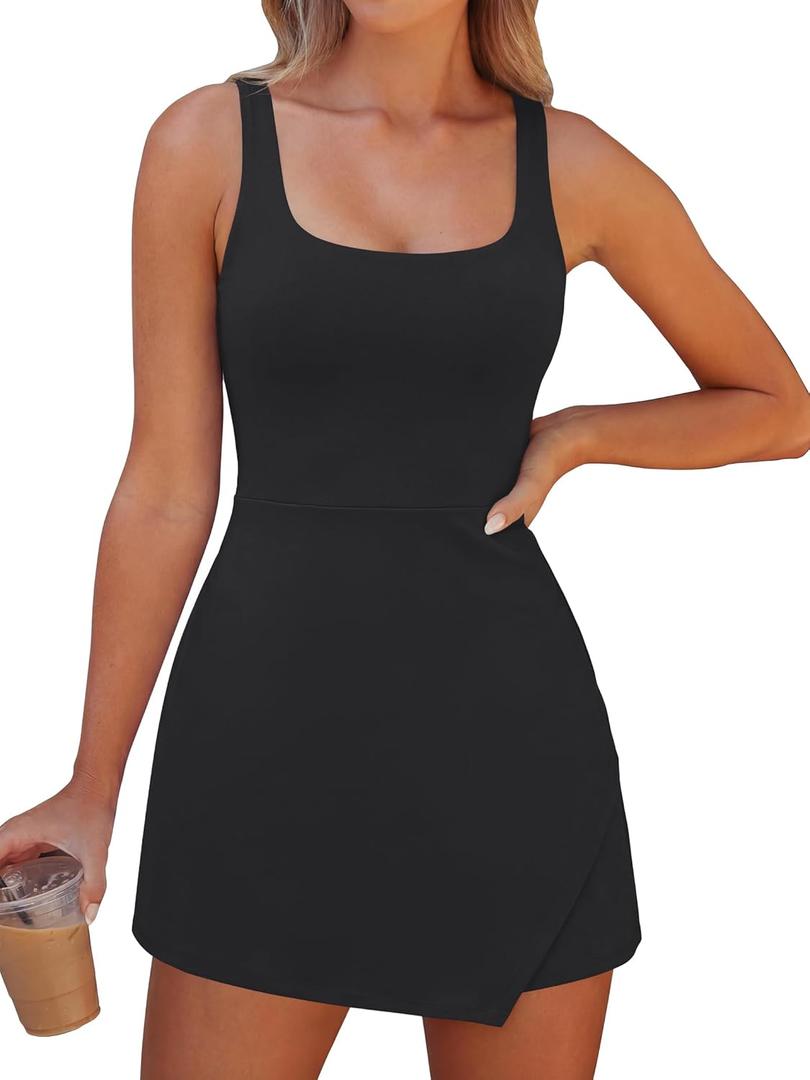 Caracilia Women Tennis Dress with Built in Shorts Summer 2026 Square Neck Sleeveless Athletic Golf Mini Dress Workout Outfits Black (Black, M)