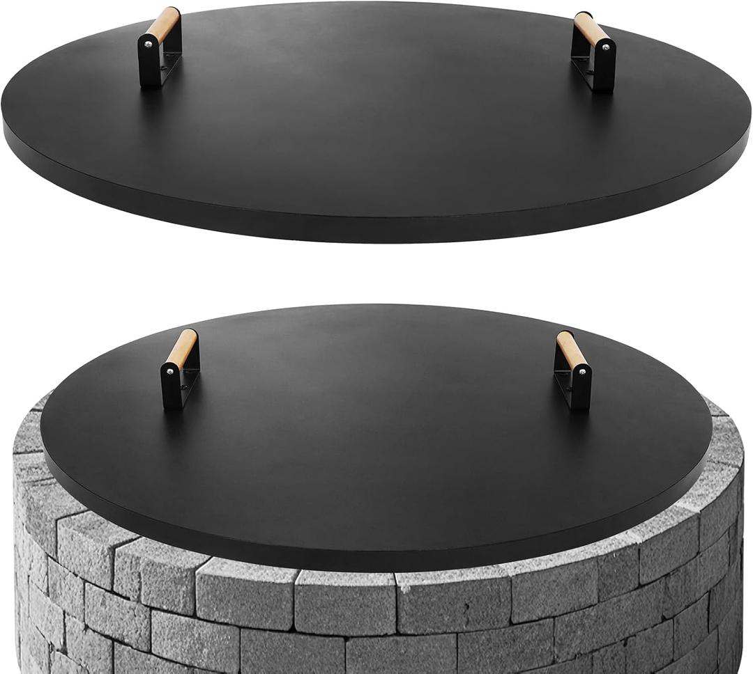 G GOOD GAIN Firepit Lid Round 34inch - Rust Resistant Fire Pit Lid Cover with Wooden Handle & Gloves, Fire Pit Snuffer Lid for Courtyards, Patio, Winter Cold Protection. Fits Fire Pits Up to 32