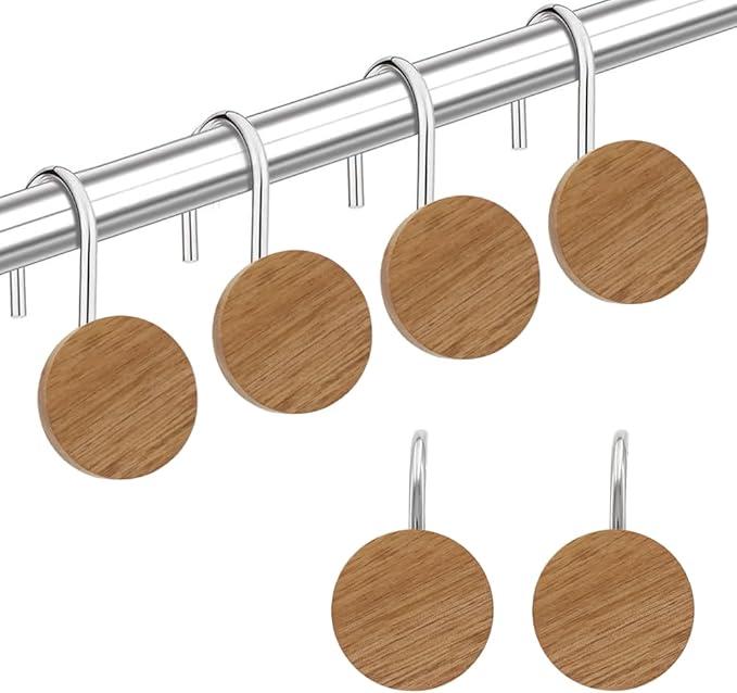 Akimomaty Wood Shower Curtain Hooks with Silvery Metal Rings, Set of 6 Decorative Hardware for Bathroom Rods